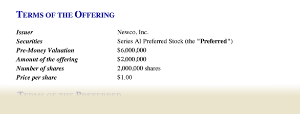 sample seed round term sheet image with terms of the offering section displayed